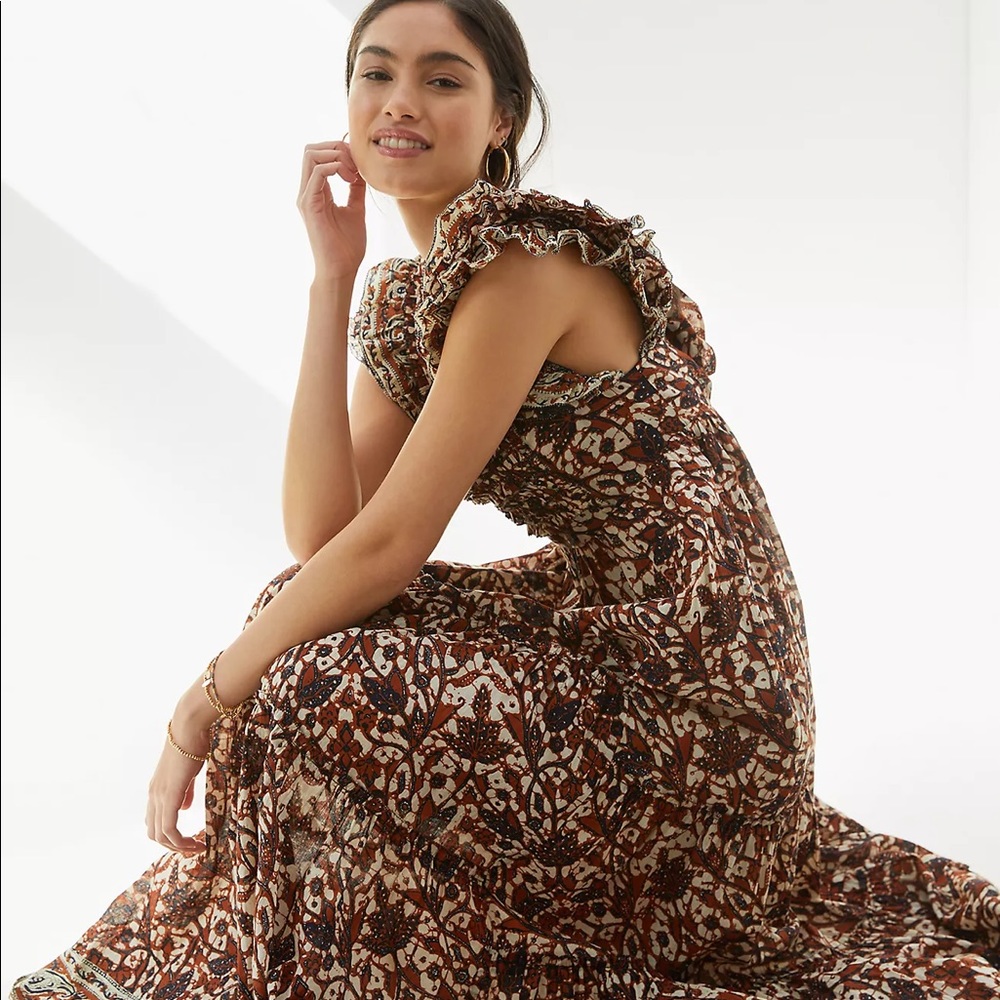 Anthropologie Love the Label Maribelle Mabel Brown Ruffle Sleeve Maxi Dress